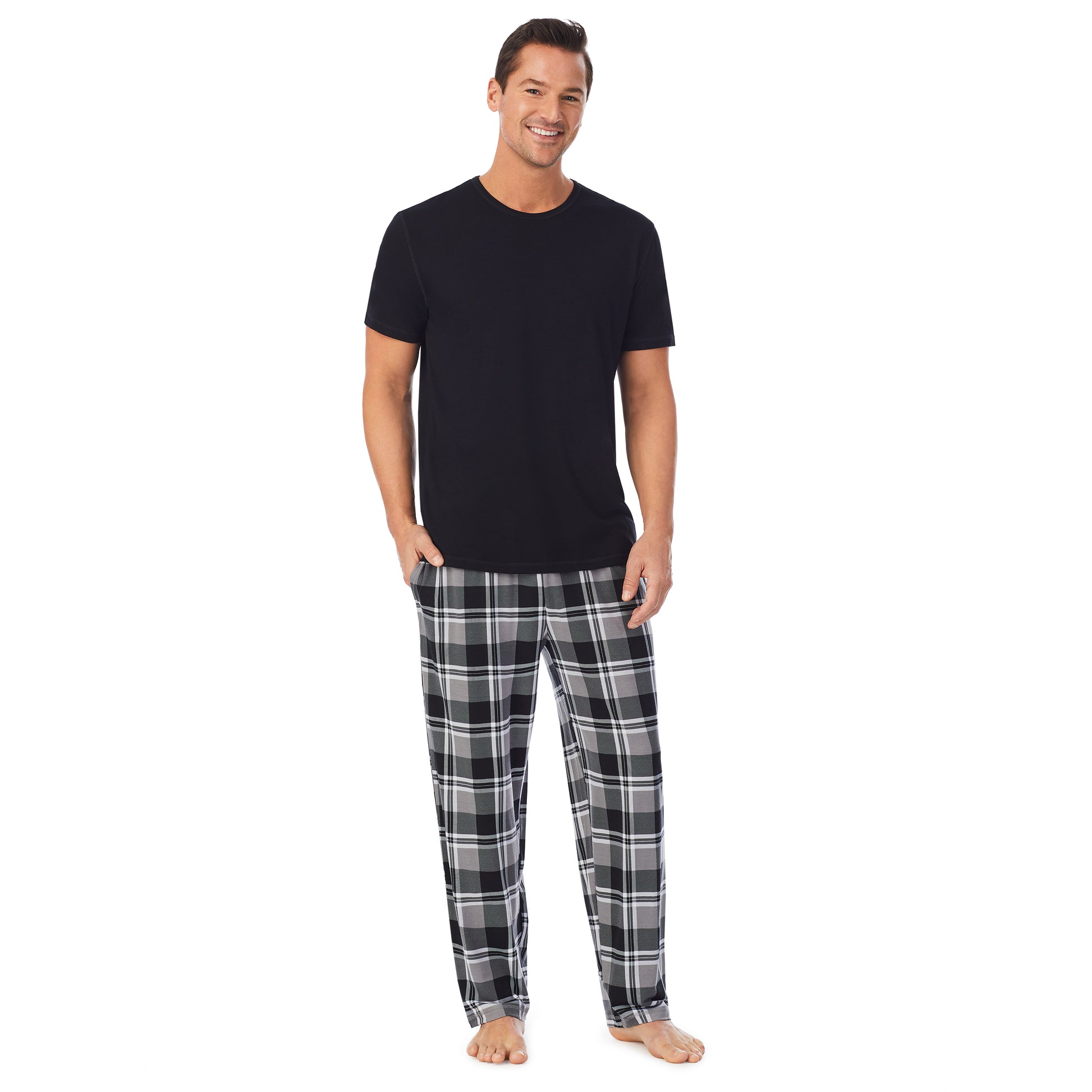 Red Plaid;Model is wearing size M. He is 6'2", Waist 32", Inseam 32".@ A lady wearingMens Short Sleeve Crew Neck Top and Pant Pajama Set with Red Plaid print