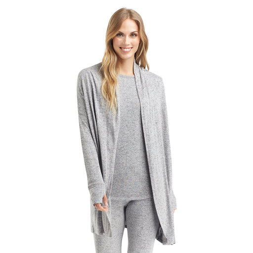 Marled Grey; Model is wearing size S. She is 5’9”, Bust 32”, Waist 25.5”, Hips 36”. @A lady wearing a marled grey long sleeve wrap.