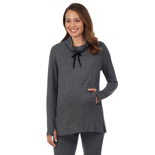 Charcoal Heather; Model is wearing a size S. She is 5’10”, Bust 34”, Waist 26”, Hips 36”. @A lady wearing a charcoal heather long sleeve funnel neck tunic. #Model is wearing a maternity bump.