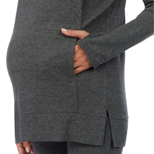 Charcoal Heather; Model is wearing a size S. She is 5’10”, Bust 34”, Waist 26”, Hips 36”. @A lady wearing a charcoal heather long sleeve funnel neck tunic. #Model is wearing a maternity bump.