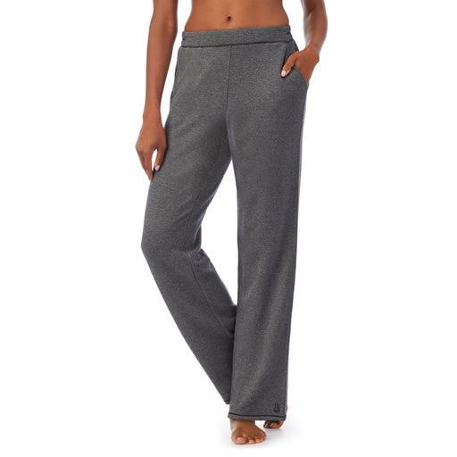 A lady wearing a charcoal heather lounge pant.