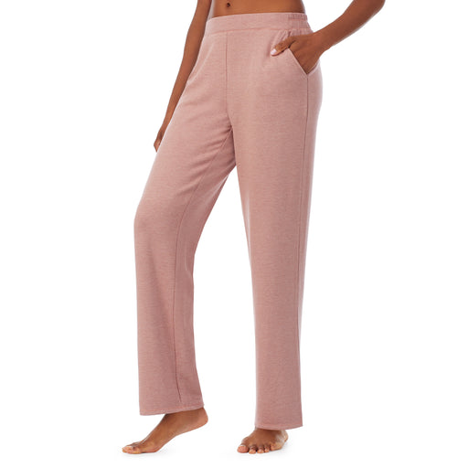 Mink Taupe Heather; Model is wearing size S. She is 5’10”, Bust 34”, Waist 24”, Hips 34”. @A lady wearing a mink taupe heather lounge pant.