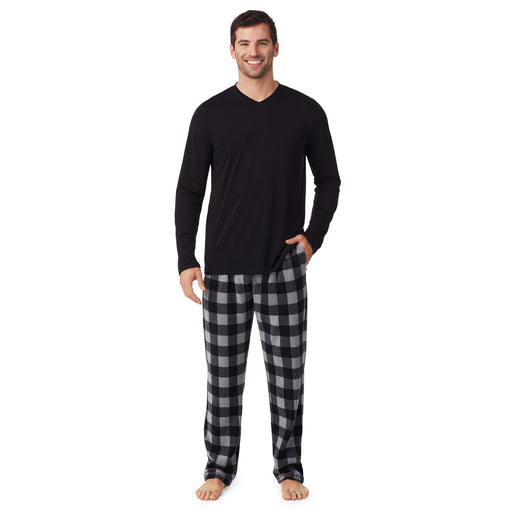 Mens Cabin Fleece Long Sleeve black V-Neck Top and Pajama Pant 2-pc Set