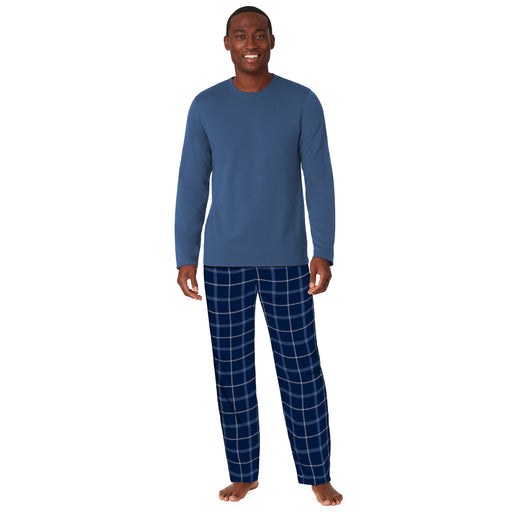 Mens Cozy Lodge Long Sleeve blue Crew and blue plaid Pajama Pant 2-pc Set