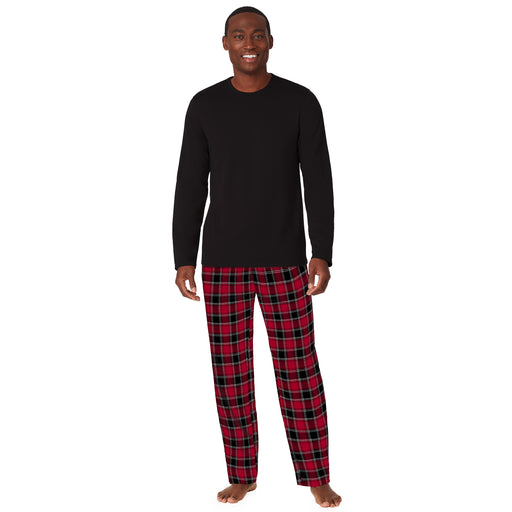 Mens Cozy Lodge Long Sleeve black Crew and red plaid Pajama Pant 2-pc Set