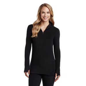 upper body of a lady wearing black long sleeve half zip hoodie !59% Polyester, 35% Recycled Polyester, 6% Spandex!