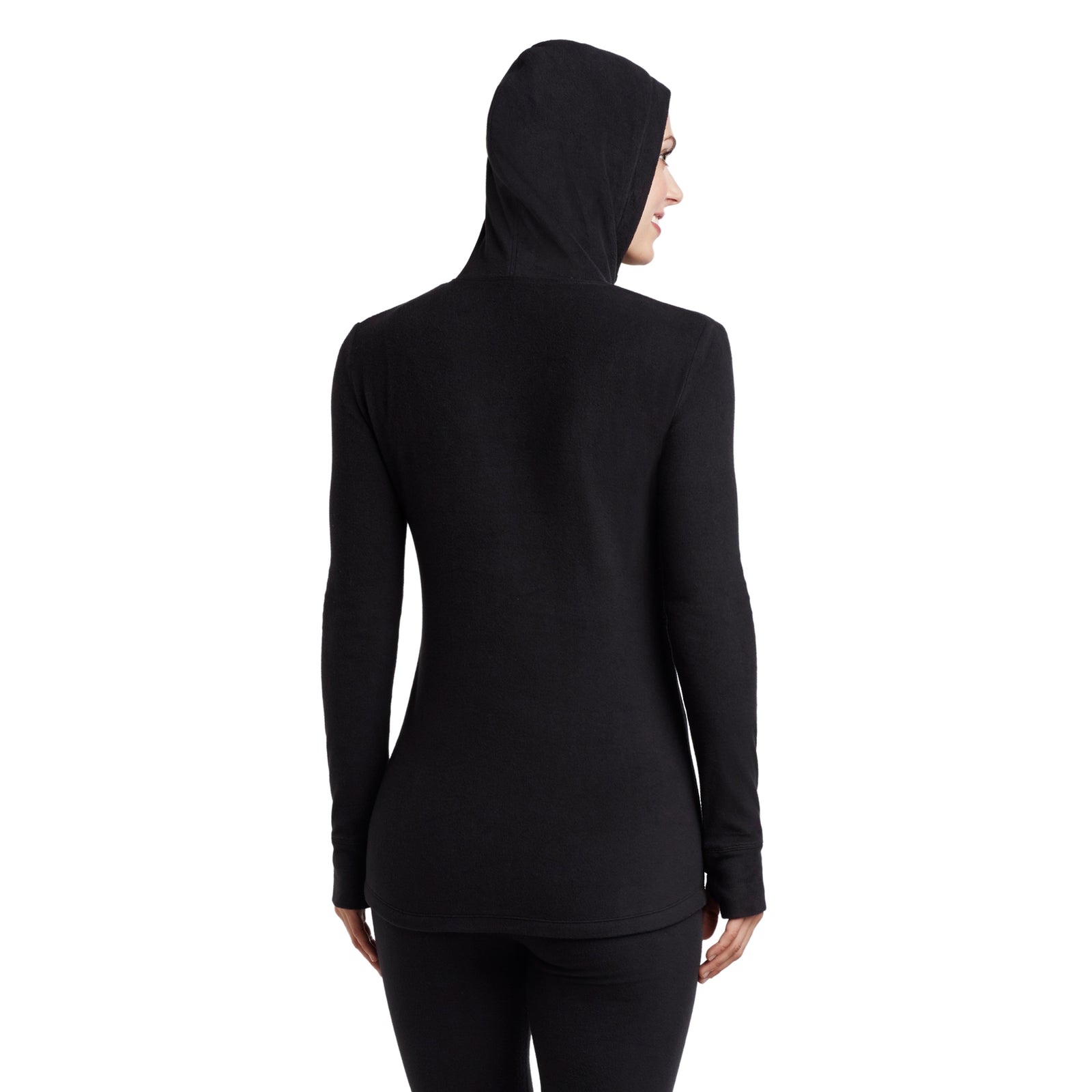 Black; Model is wearing size S. She is 5’9”, Bust 32”, Waist 25.5”, Hips 36”.@upper body of a lady wearing black long sleeve half zip hoodie !59% Polyester, 35% Recycled Polyester, 6% Spandex!