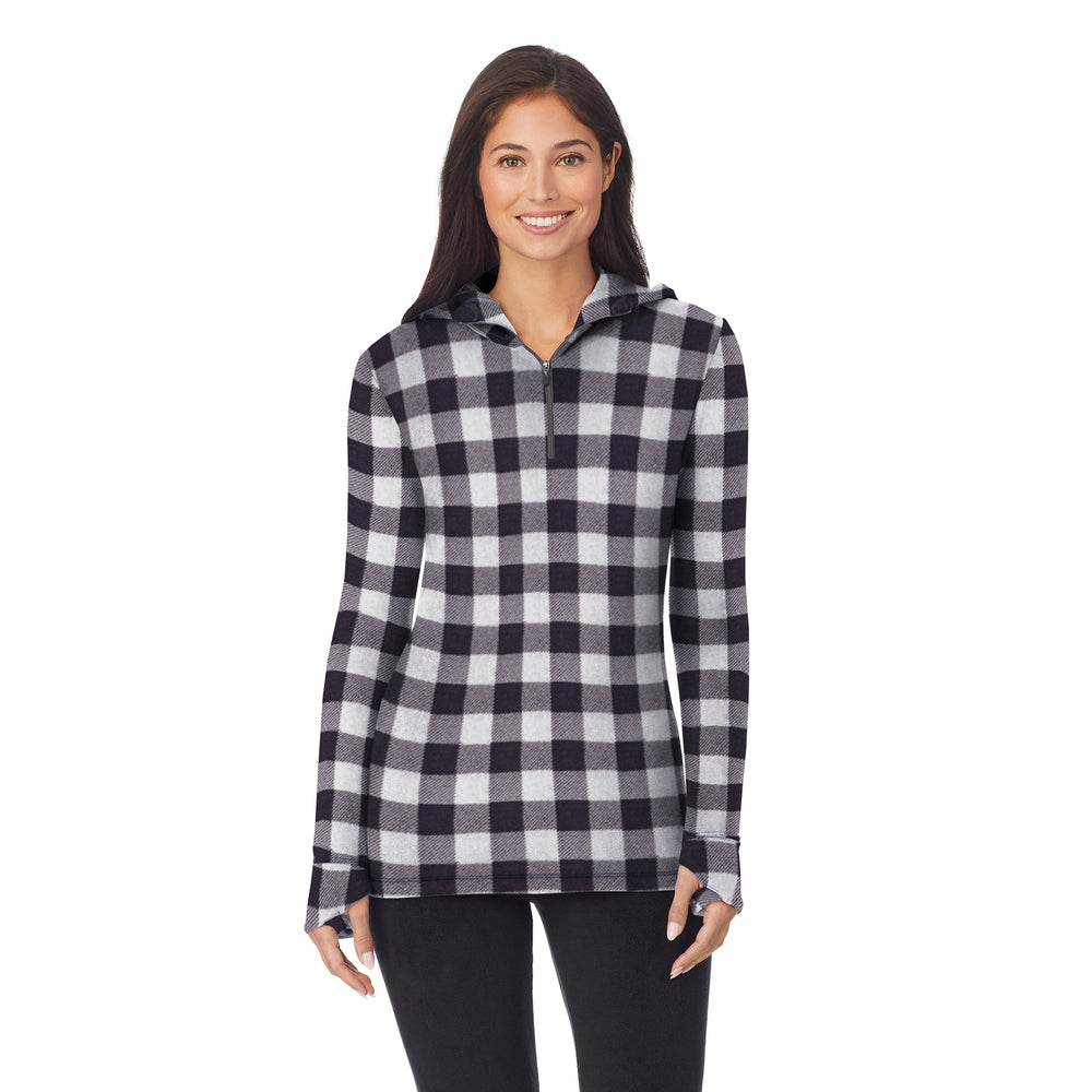 upper body of a lady wearing grey buffalo long sleeve half zip hoodie !59% Polyester, 35% Recycled Polyester, 6% Spandex!