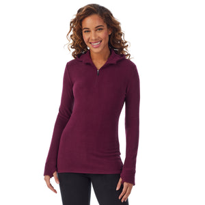 upper body of a lady wearing grape long sleeve half zip hoodie !59% Polyester, 35% Recycled Polyester, 6% Spandex!