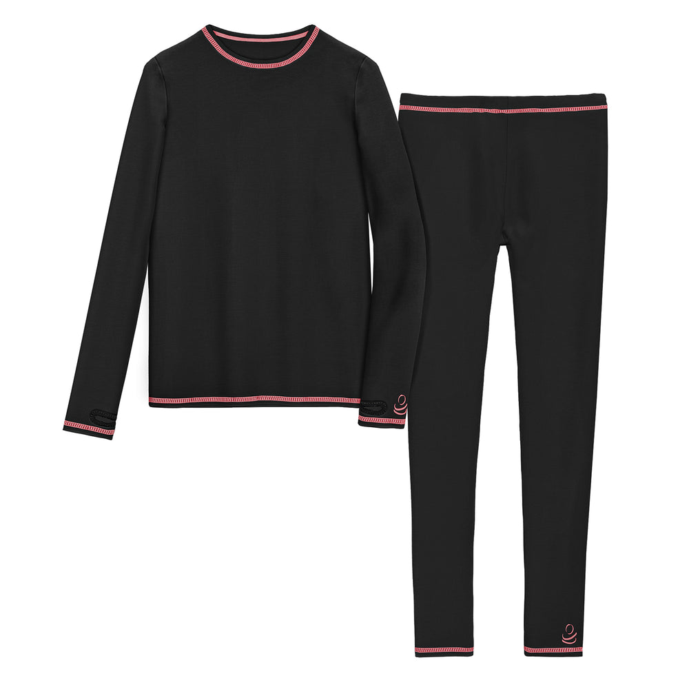 Girls Comfortech black Stretch Poly 2 pc. Long Sleeve Crew & Pant Set !92% Polyester, 8% Spandex!