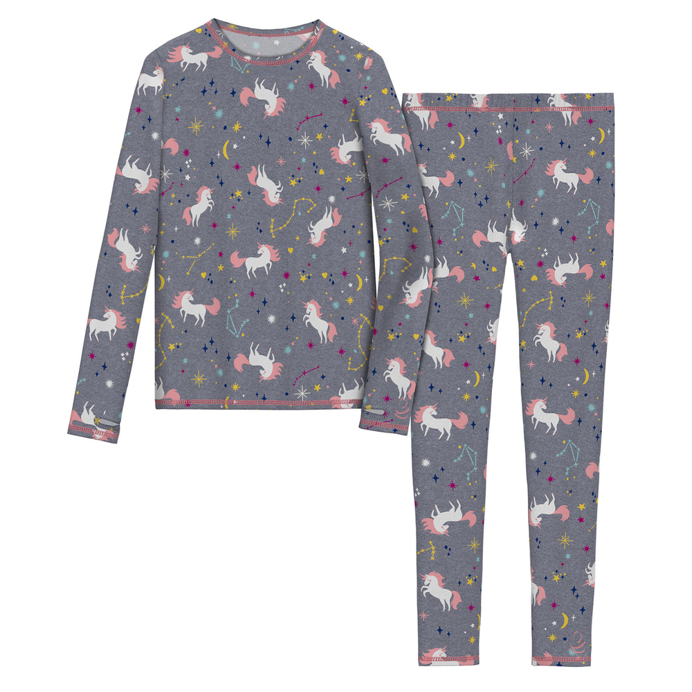 Girls Comfortech grey unicorn Stretch Poly 2 pc. Long Sleeve Crew & Pant Set !92% Polyester, 8% Spandex!