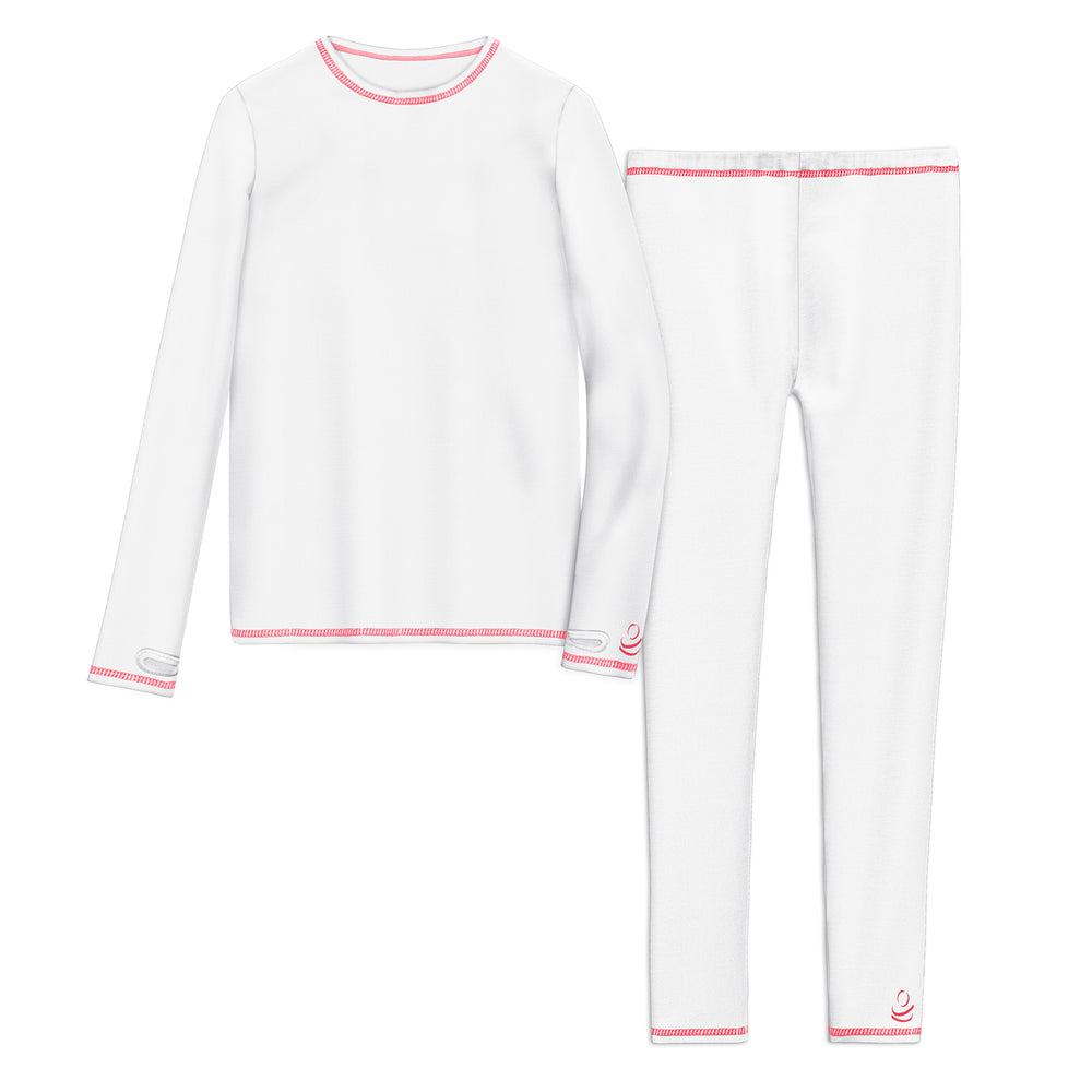 Girls Comfortech white Stretch Poly 2 pc. Long Sleeve Crew & Pant Set !92% Polyester, 8% Spandex!