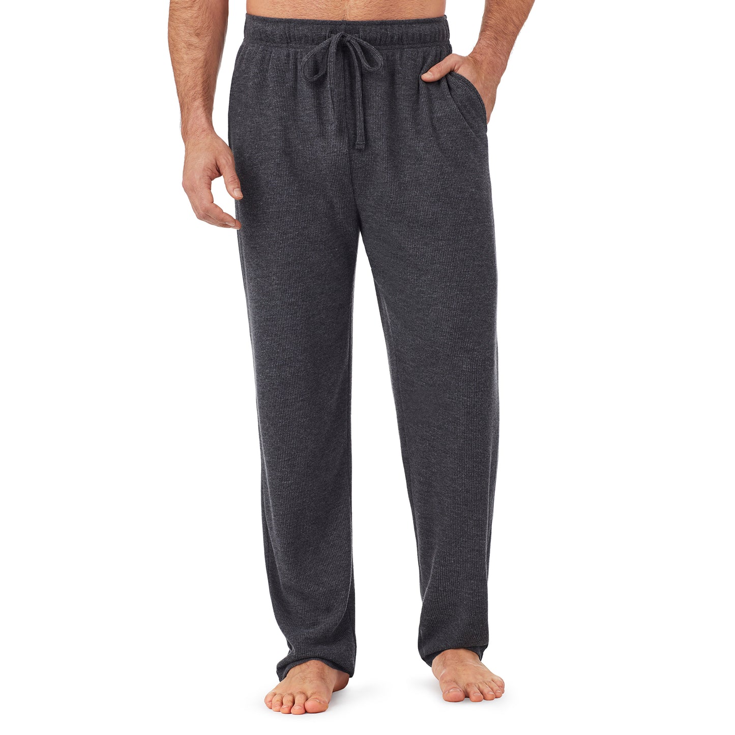 Charcoal Heather; Model is wearing size M. He is 6'1", Waist 31", Inseam 33". @A man wearing a charcoal heather waffle thermal relaxed pant.