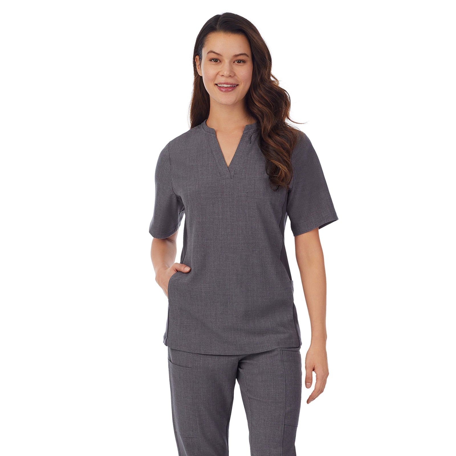 Black;Model is wearing size S. She is 5’9”, Bust 34”, Waist 25”, Hips 35”.@ A lady wearing black scrub split neck top.