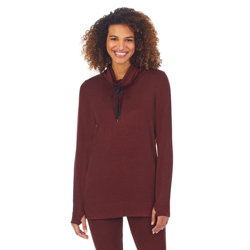 Cherry Mahogany Heather;Model is wearing size S. She is 5’9”, Bust 32”, Waist 25”, Hips 35”.@A lady wearing cherry mahogany heather ultra cozy long sleeve cowl neck tunic.