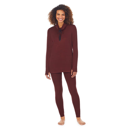 Cherry Mahogany Heather;Model is wearing size S. She is 5’9”, Bust 32”, Waist 25”, Hips 35”.@A lady wearing cherry mahogani heather ultra cozy long sleeve cowl neck tunic.