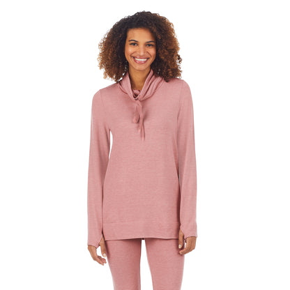 Mink Taupe Heather;Model is wearing size S. She is 5’9”, Bust 32”, Waist 25”, Hips 35”.@A lady wearing mink taupe heather ultra cozy long sleeve cowl neck tunic.