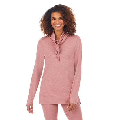 Mink Taupe Heather;Model is wearing size S. She is 5’9”, Bust 32”, Waist 25”, Hips 35”.@A lady wearing mink taupe heather ultra cozy long sleeve cowl neck tunic.