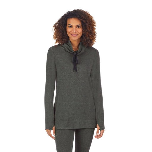 A lady wearing olive moss heather ultra cozy long sleeve cowl neck tunic.