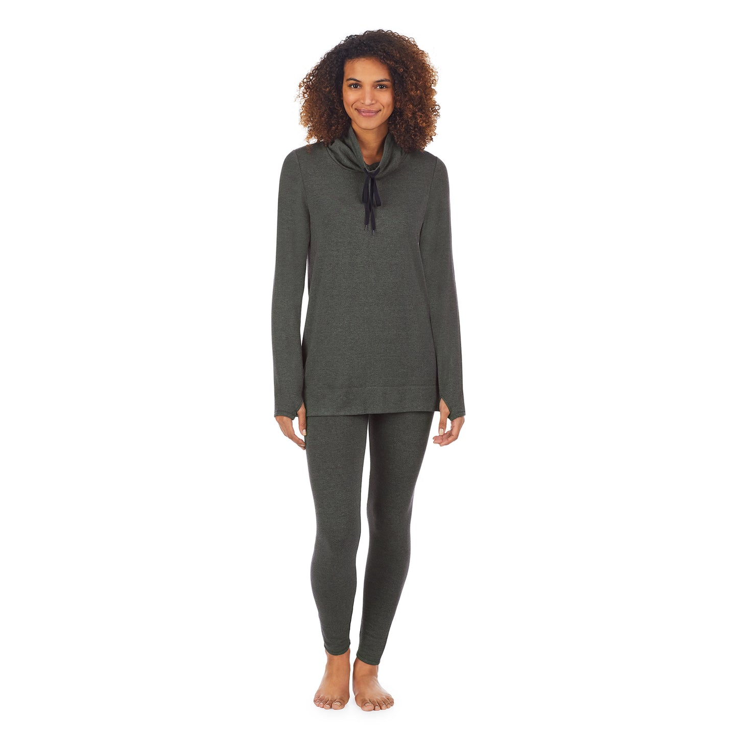 Olive Moss Heather;Model is wearing size S. She is 5’9”, Bust 32”, Waist 25”, Hips 35”.@A lady wearing olive moss heather ultra cozy long sleeve cowl neck tunic.