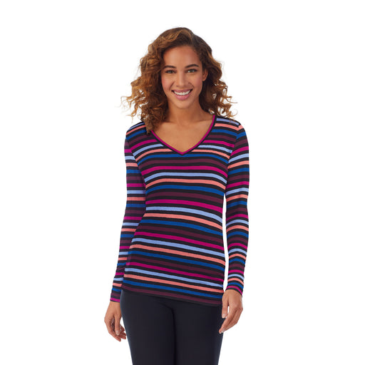 Multi Stripe; Model is wearing size S. She is 5’9”, Bust 34”, Waist 23”, Hips 35”. @A lady wearing a multi stripe long sleeve stretch V-neck t-shirt.