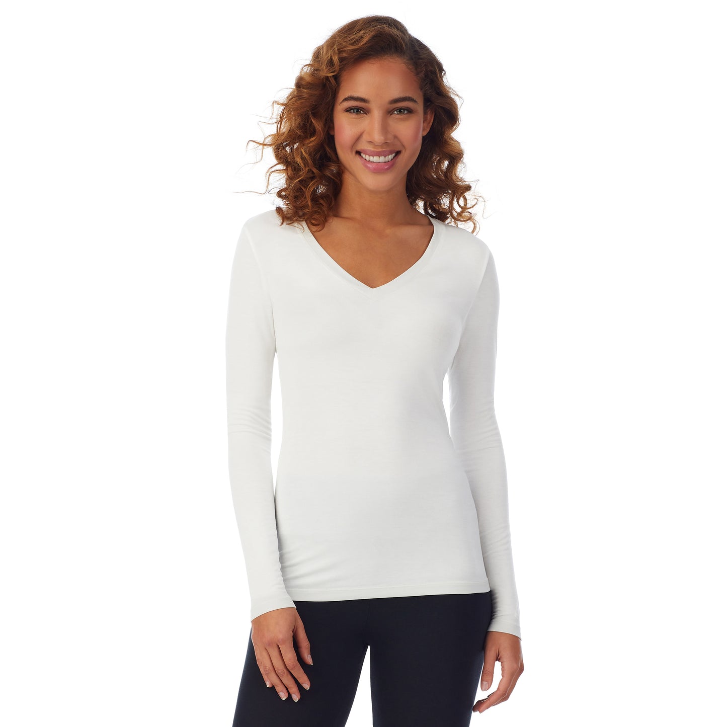  Ivory; Model is wearing size S. She is 5’9”, Bust 34”, Waist 23”, Hips 35”. @A lady wearing a ivory long sleeve stretch V-neck t-shirt