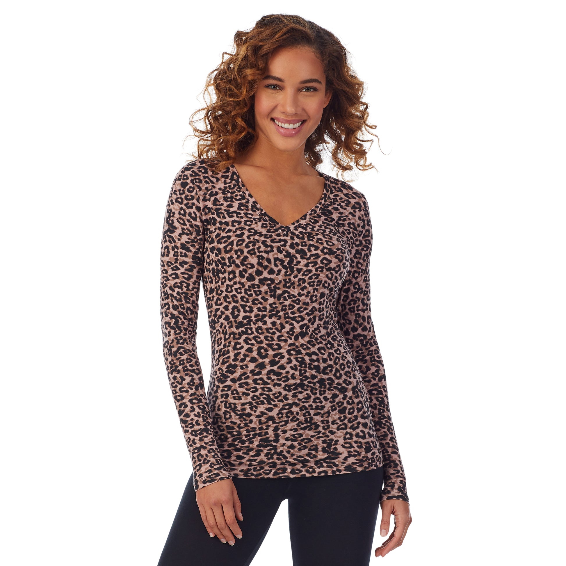 Animal; Model is wearing size S. She is 5’9”, Bust 34”, Waist 23”, Hips 35”. @A lady wearing a animal long sleeve stretch V-neck t-shirt.