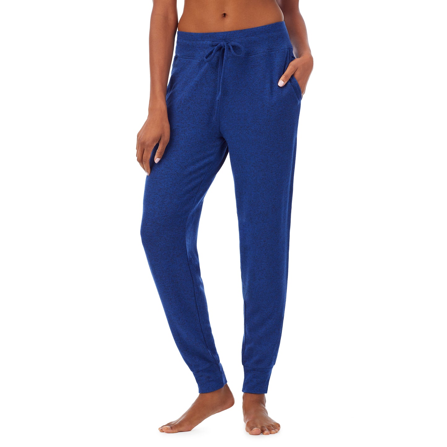 Marled Royal Blue; Model is wearing size S. She is 5’9”, Bust 32”, Waist 25.5”, Hips 36”.@lower body of a lady wearing blue jogger