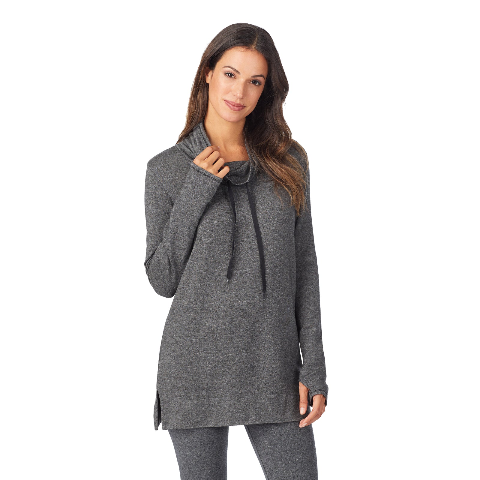 Charcoal Heather;@A lady wearing Ultra Cozy Long Sleeve Neck Tunic in Charcoal Heather  