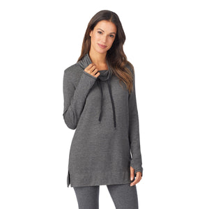 A lady wearing Ultra Cozy Long Sleeve Neck Tunic in Charcoal Heather  