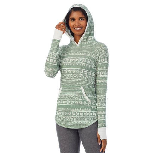 Seagrass Fairisle; 'Model is wearing size S. She is 5’10”, Bust 34”, Waist 24”, Hips 34”. @A lady wearing a seagrass fairisle long sleeve hoodie tunic.