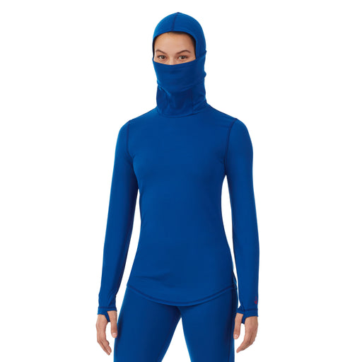 Royal Blue; 'Model is wearing size S. She is 5’9”, Bust 34”, Waist 25”, Hips 35”.@Upper body of a lady wearing blue balaclava