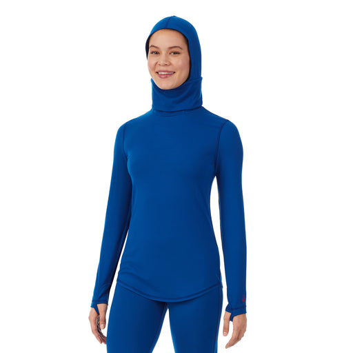 Royal Blue; 'Model is wearing size S. She is 5’9”, Bust 34”, Waist 25”, Hips 35”.@Upper body of a lady wearing blue balaclava