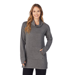 upper body of a lady wearing grey long sleeve tunic