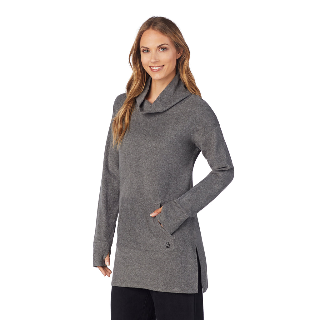 upper body of a lady wearing grey long sleeve tunic