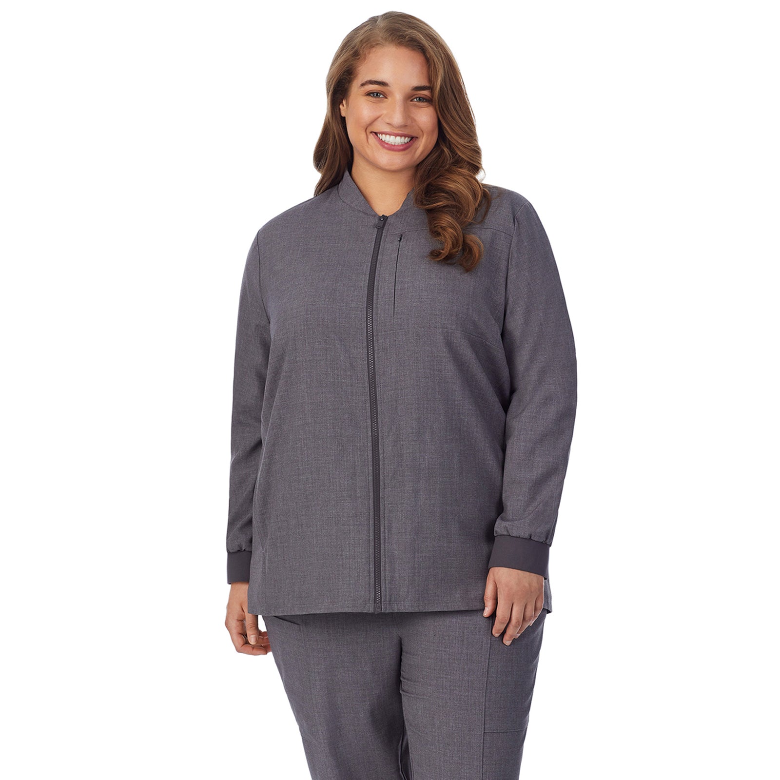 Black;Model is wearing size 1X. She is 5’7”, Bust 42.5”, Waist 34.5”, Hips 46”.@ A lady wearing black scrub jacket plus.
