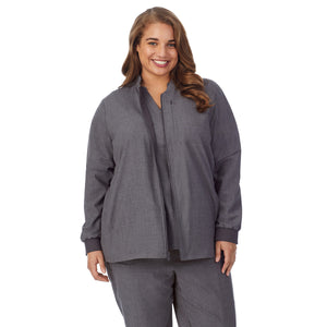  A lady wearing charcoal heather scrub jacket plus.