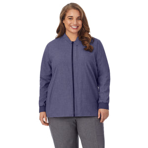  A lady wearing navy heather scrub jacket plus.