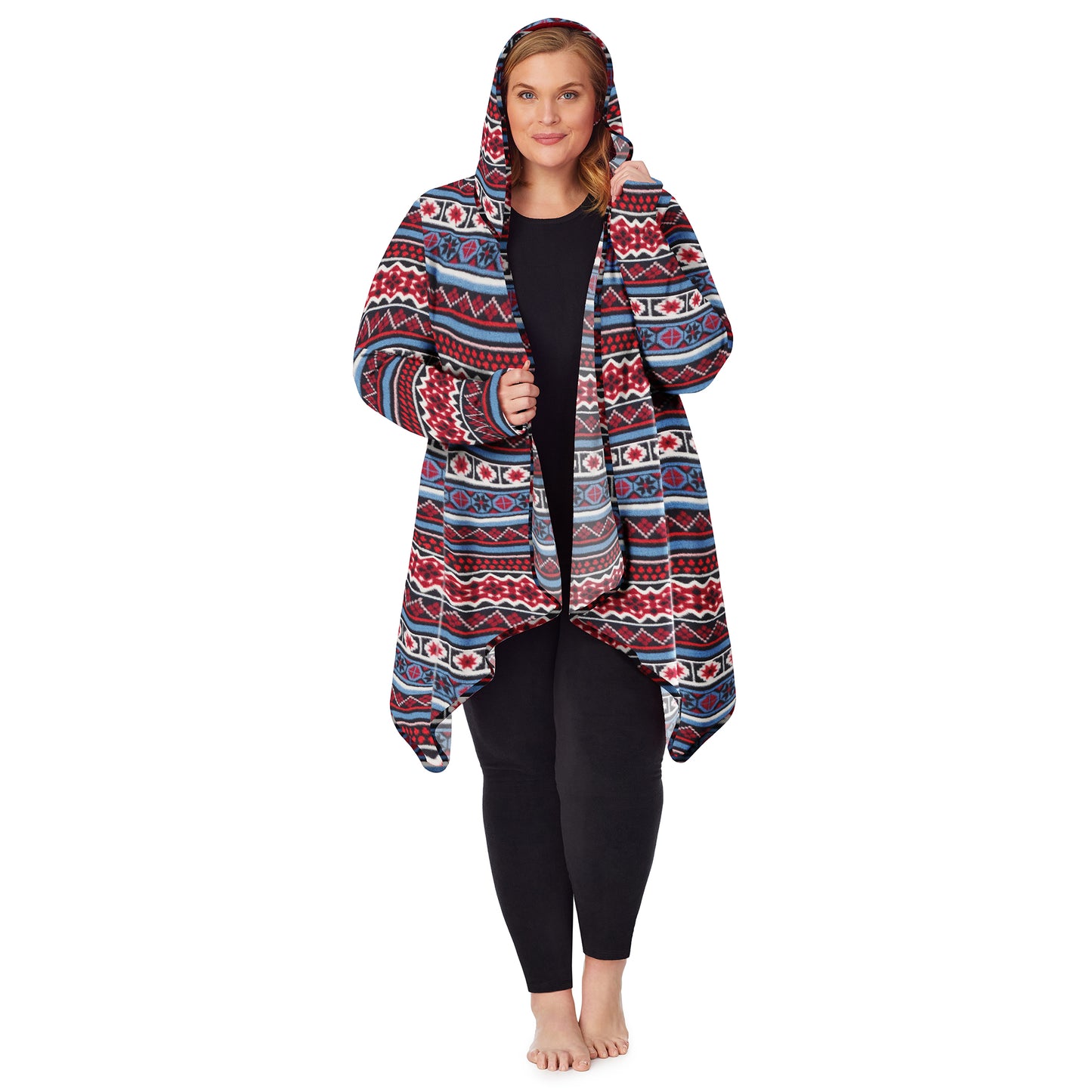 Red blue fairisle;Model is wearing size 1x. She is 5'9", Bust 38", Waist 36", Hips 48.5".