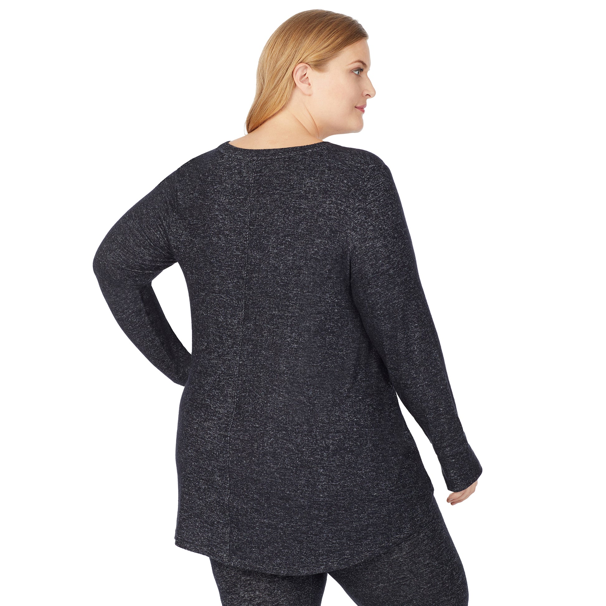 Marled Dark Charcoal; Model is wearing size 1X. She is 5'9", Bust 38", Waist 36", Hips 48.5". @A lady wearing a marled dark charcoal long sleeve tunic plus.