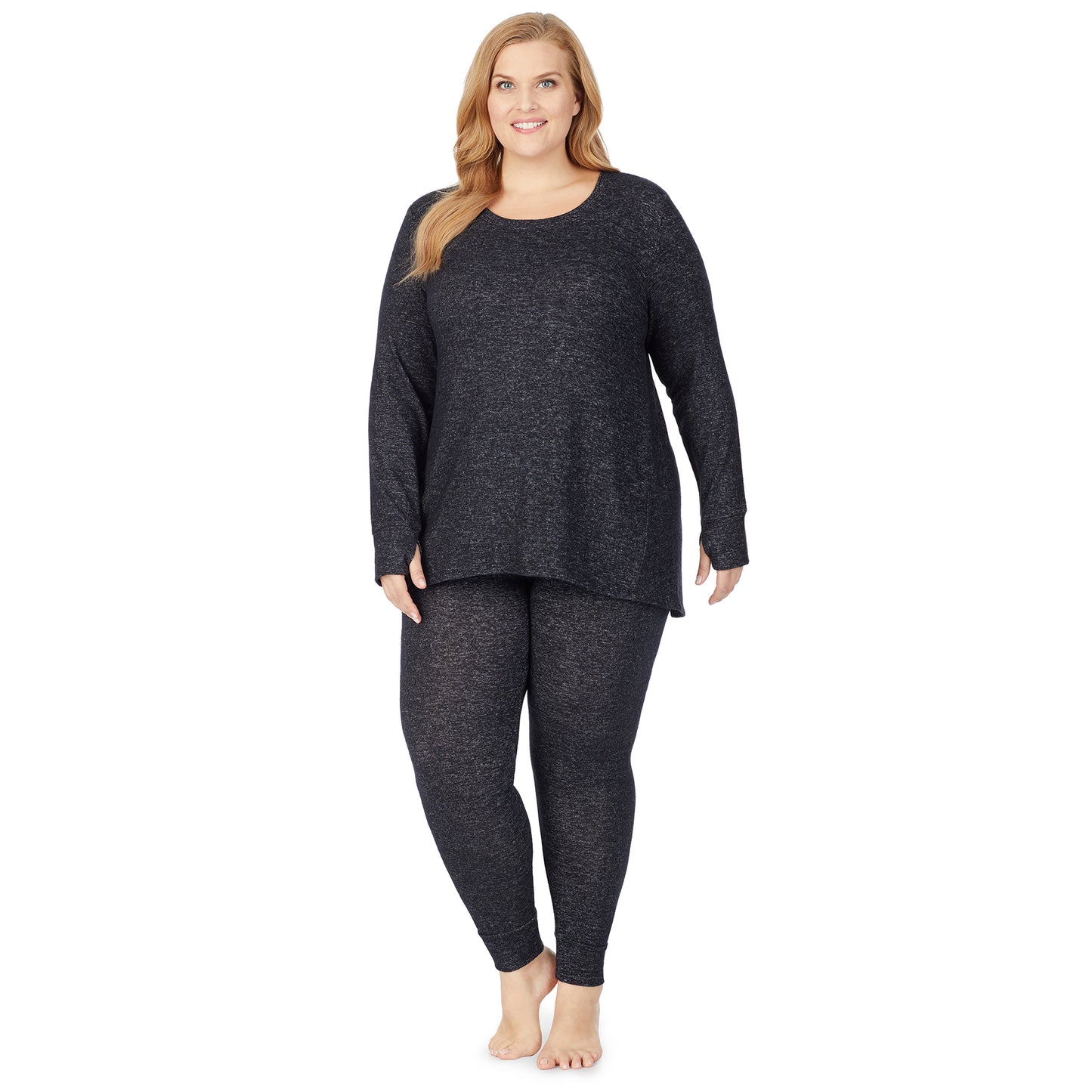 Marled Dark Charcoal; Model is wearing size 1X. She is 5'9", Bust 38", Waist 36", Hips 48.5". @A lady wearing a marled dark charcoal long sleeve tunic plus.