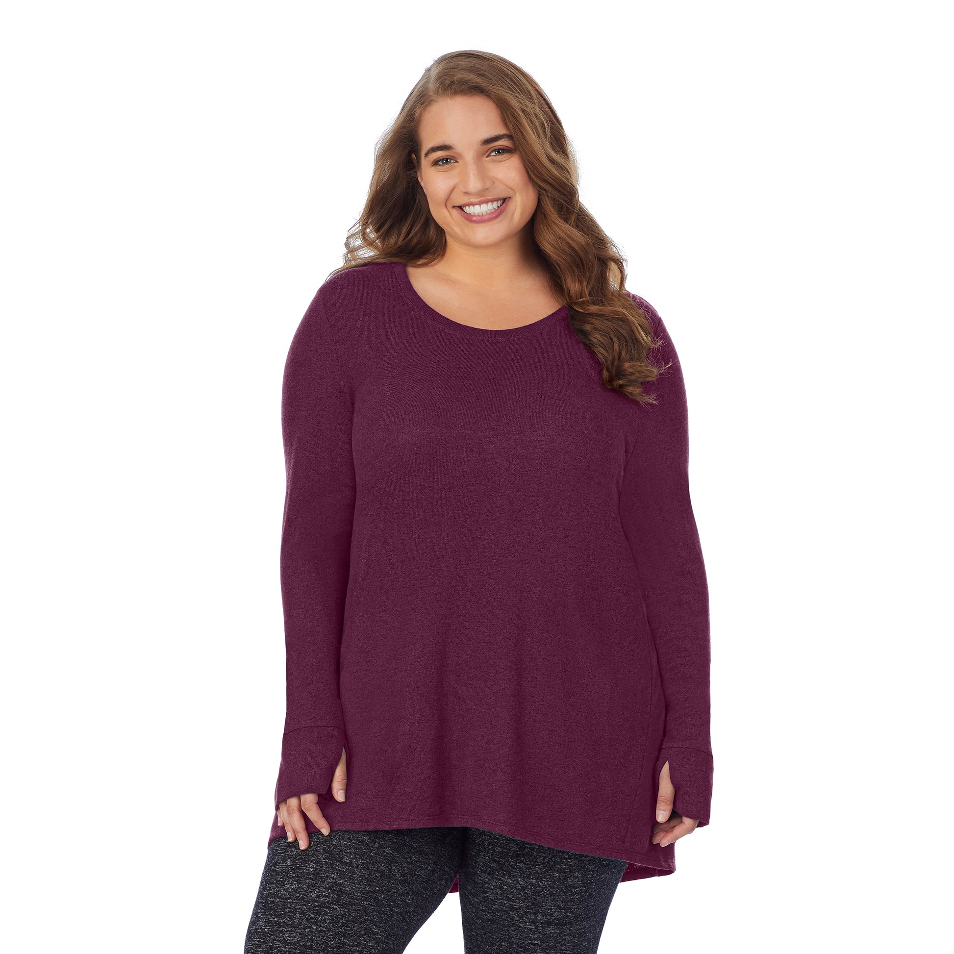 Marled Grape; Model is wearing size 1X. She is 5'7", Bust 42.5", Waist 34.5", Hips 46". @A lady wearing a marled grape long sleeve tunic plus.