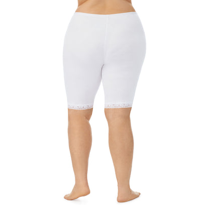 White;Model is wearing size 1X. She is 5'9", Bust 38", Waist 36", Hips 48.5". @A lady wearing a white lace edge short plus.