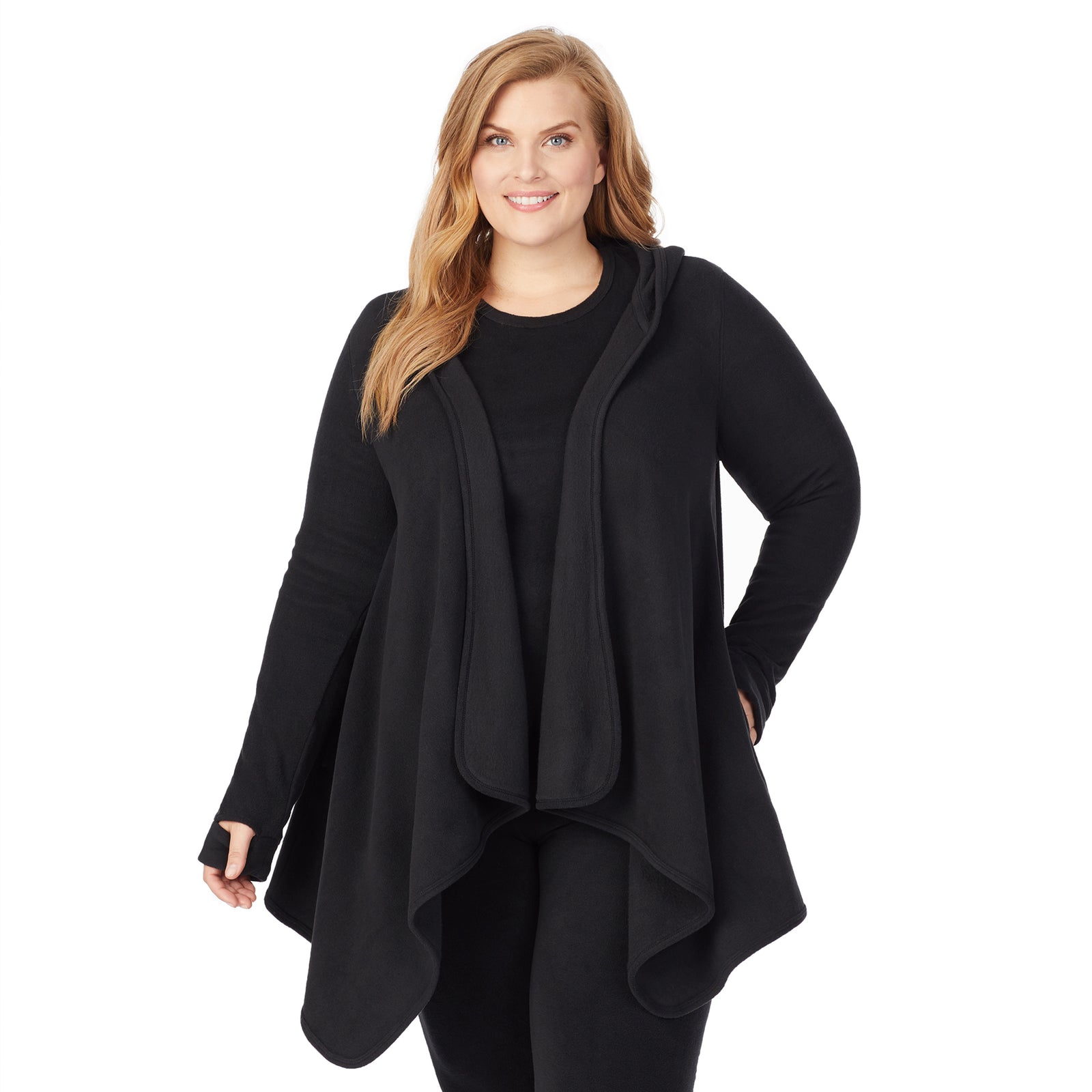 Black; Model is wearing size 1X. She is 5'9", Bust 38", Waist 36", Hips 48.5"@Upper body of a lady wearing long sleeve black hooded wrap