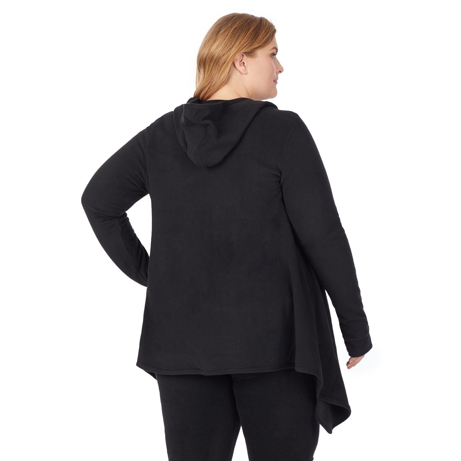 Black; Model is wearing size 1X. She is 5'9", Bust 38", Waist 36", Hips 48.5"@Upper body of a lady wearing long sleeve black hooded wrap