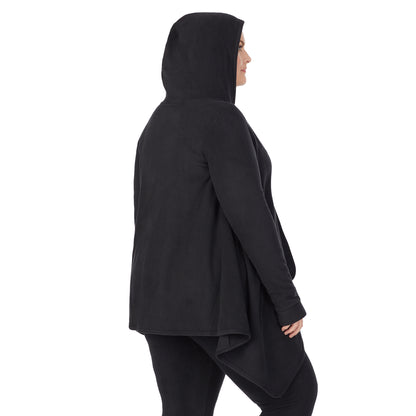 Black; Model is wearing size 1X. She is 5'9", Bust 38", Waist 36", Hips 48.5"@Upper body of a lady wearing long sleeve black hooded wrap