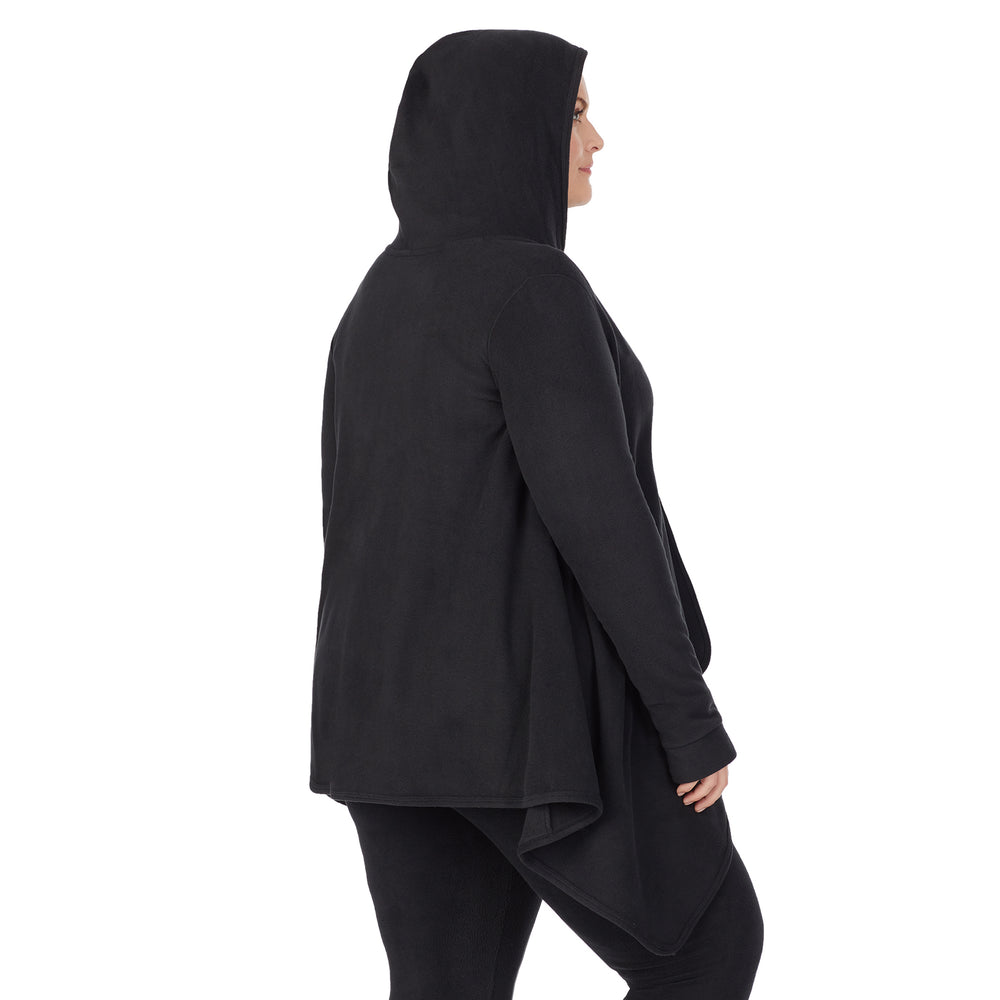 Upper body of a lady wearing long sleeve black hooded wrap