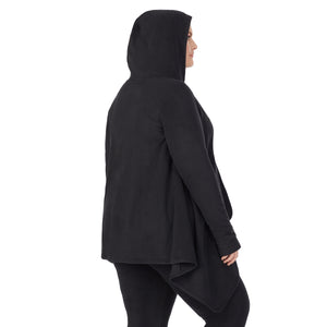 Upper body of a lady wearing long sleeve black hooded wrap