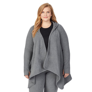 Upper body of a lady wearing long sleeve grey hooded wrap