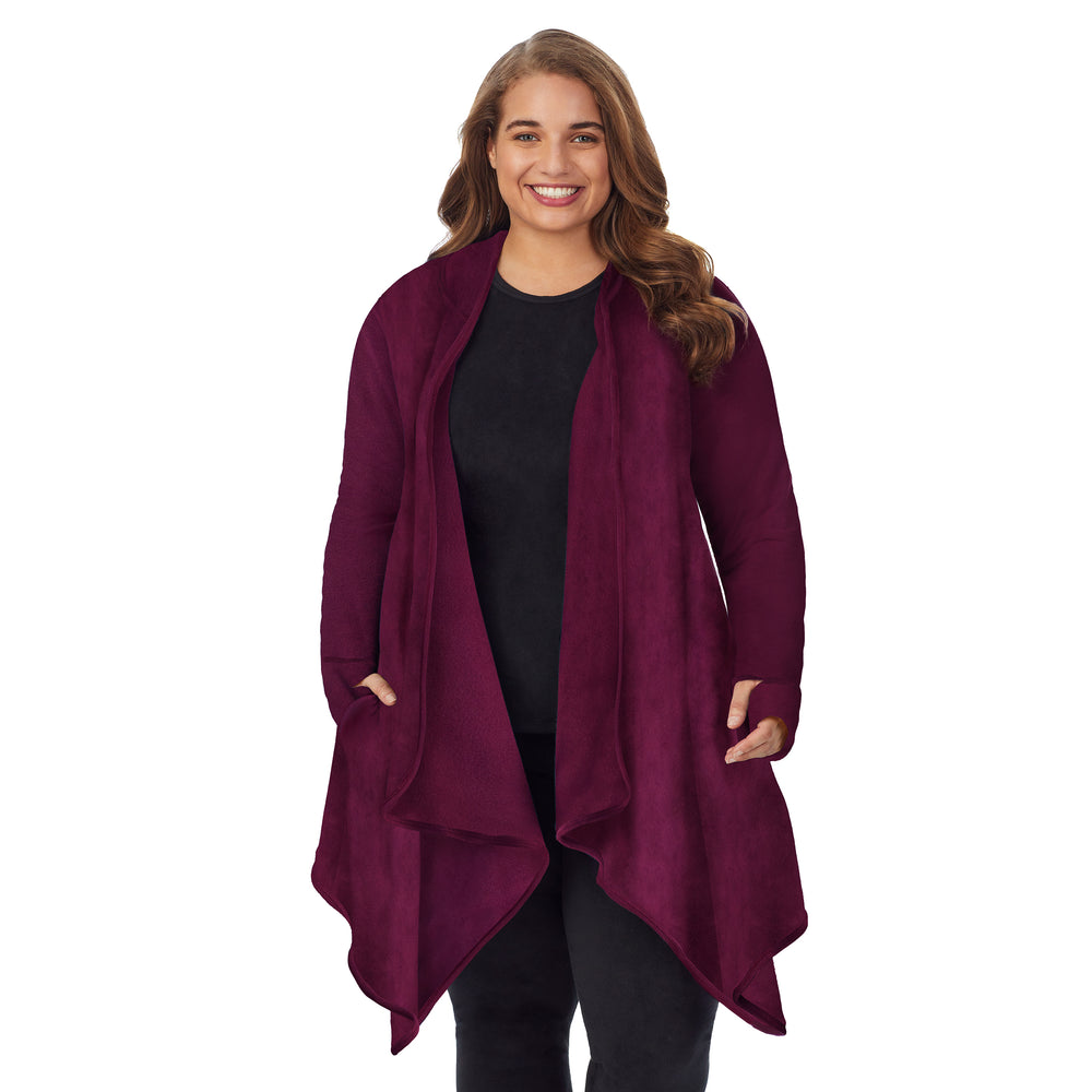 Upper body of a lady wearing long sleeve grape hooded wrap